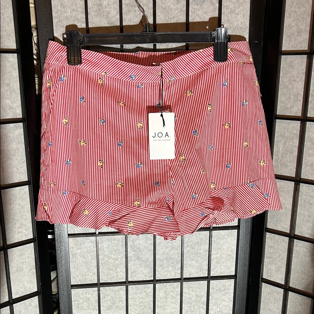 J.O.A. Red and White Striped Women's Shorts with Floral Accents